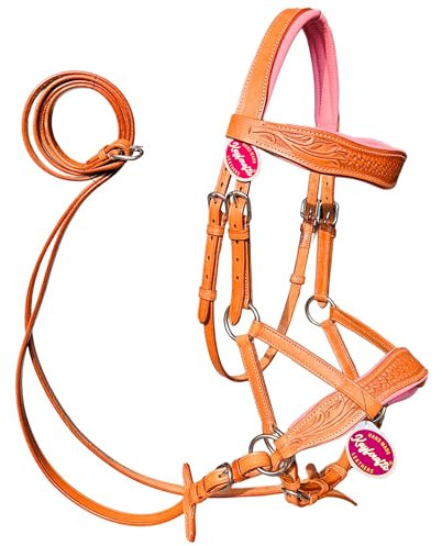 kayfcrafts Veg Tan Leather Sidepull Bitless Bridle for Horse with Cow Hide Padding & Leather reins (Pink, Full)