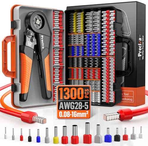 Juego de crimpadora Preciva crimpadora 0,08-16 mm² alicates de terminales con 350 gemelos y 950 casquillos de una sola línea, juego para bricolaje y necesidades industriales, 16 mm2