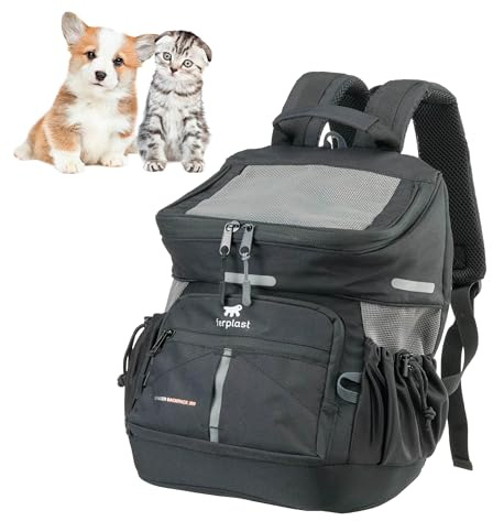 Ferplast Mochila Gato Voyager Backpack, Transportín Gato, Transportin Perro, Mochila, Gatos, Apertura Amplia, Correas Ajustables, Correa de Seguridad, con Cojín, Máx. 10 kg, 29x21x36H, Negro