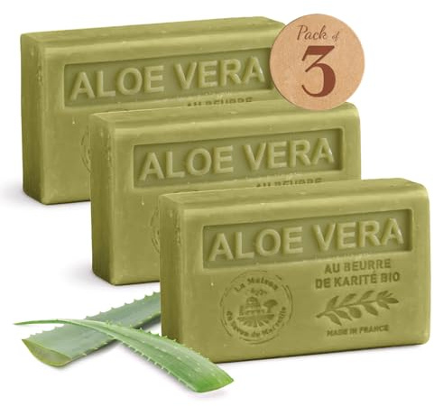 Savon Solide parfumé à L'Aloe vera – Enrichi en Beurre de Karité Bio – Savon Parfumé - 100% Végétale- Fabriqué en Provence – Main & Corps Hydratant – 3x125g
