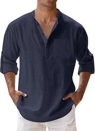 Camicia Uomo Manica Lunga Camicetta Lino Estiva con Bottoni Traspirante Slim Fit Camicie Collo Coreana Henley Shirts Comode Leggera Cotone T-Shirt Casual Elasticizzata Tinta Unita Maglietta