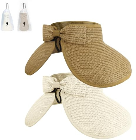 Andiker Straw Hat Sun Visor Hat with Wide Brim for Women Ladies Foldable Cap Ponytail Beach Hats with A Storage Bag for Summer Black White Beige
