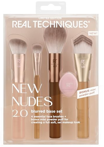 Real Techniques New Nudes Blurred Base Kit, 5 Piece Face Makeup Brush Set with Powder Puff, for Foundation, Concealer, Blush, Contour & Powder Blending, Soft Bristles, Cruelty-Free