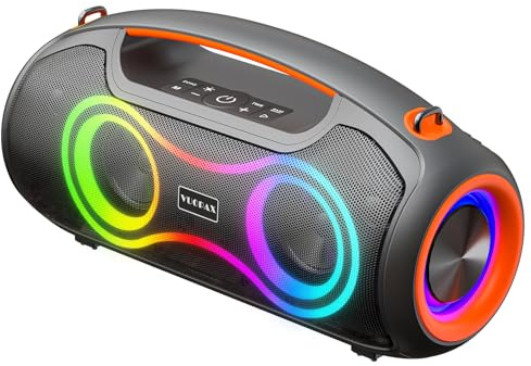 VUOPAX Bluetooth Lautsprecher mit Licht, Tragbarer Outdoor Musikbox, 180W Peak Party-Boombox, 2+2 Channel, Boost Bass, IP65 Wasserdicht, 24H, USB-C, EQ, BT 5.3, für Camping, Strand und Garten
