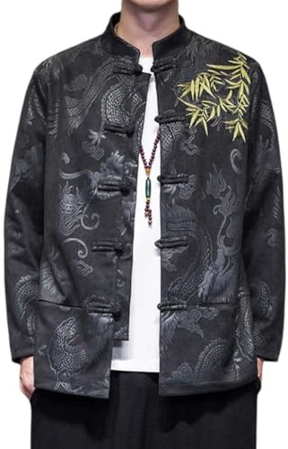 PRINCESS BRIDE Traje tradicional de ante negro para hombre, traje de Hanfu, camisa de kung fu, uniforme de manga larga, abrigo de entrenamiento de tai chi, Negro, 5XL