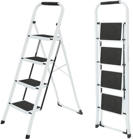 UZIRO Escalera Plegable 4 Peldaños -Estructura de Acero y Peldaño Antideslizante - Asa Superior de Goma - Escaleras Plegables Domésticas - Step Ladder para Hogar (Blanco, 4 Pedaños)
