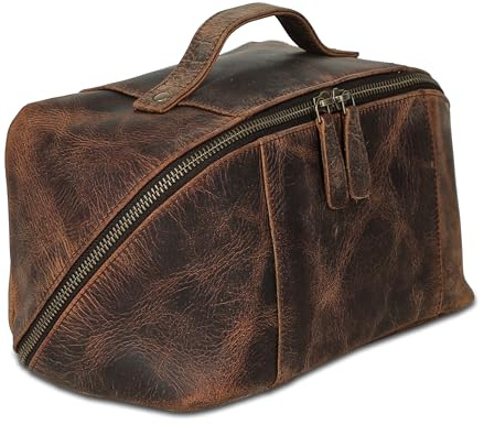 KomalC Luxury Leather Men’s Toiletry Travel Bag – Handmade Shaving Kit with Waterproof Interior, Spacious Storage & Carry Handle – leather travel Kit Bag for Men & Women (Dark Brown)
