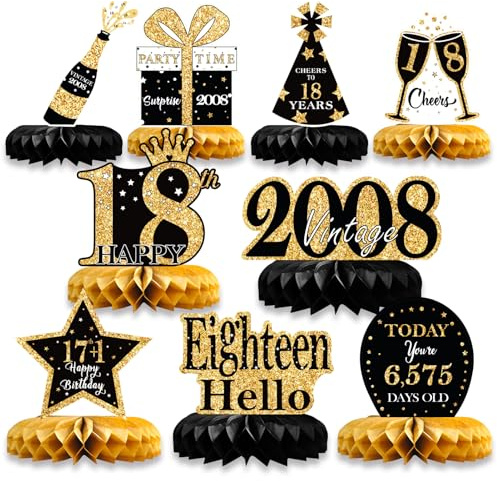 9 Pezzi Centrotavola Compleanno,Centrotavola a Nido d'Ape Oro Nero Decorazioni,Toppers da Tavolo,Compleanno Centrotavolo per Uomini e Donne,Feste di Compleanni (Oro nero-18)