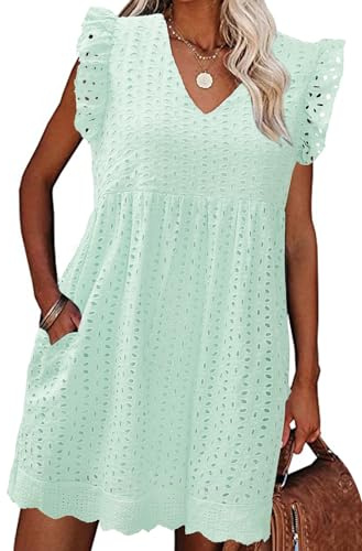 PASUDA Robe Femme Ete Chic Robe Courte avec Poches Robe Boheme Coton en Dentelle Jacquard Col en V Ample Robe Swing D 'été Robe de Plage Décontracté à Manches à Volants