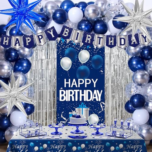 Navy Blue and Silver Birthday Decorations for Men Women, Bday Supplies Kit | Happy Birthday Door Banner & Balloon Arch, Blue Party Decorations with Tablecloth & Foil Fringe Curtains - Mens Boys