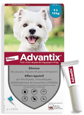 Advantix Petit Chien entre 4 et 10 kg – Pipettes pour chien contre 6 parasites – Traitement et protection pour votre chien pendant 4 semaines – 4 x 1,0 ml