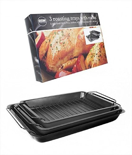 Pack of 3 Roasting Trays Handles Cooking Set Oven Dish Bakeware Non Stick Baking