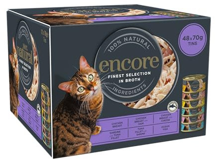 Encore 100% natürliches Premium Nassfutter für Katzen, Feinste Auswahl von Hühnchen & Fisch in Brühe für erwachsene Katzen - Packung mit 48 x 70g Dosen