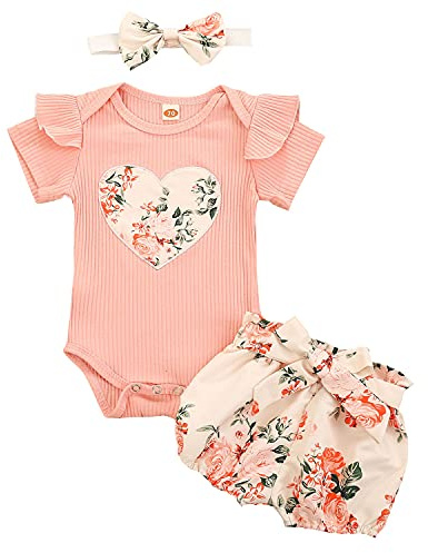 Geagodelia 3Pcs Baby Girl Clothes Heart Outfit Set Newborn Clothing Short Sleeve Bodysuit Romper + Floral Shorts + Headband Spring Summer Baby Grows 0-18 Months (Pink, 3-6 Months)
