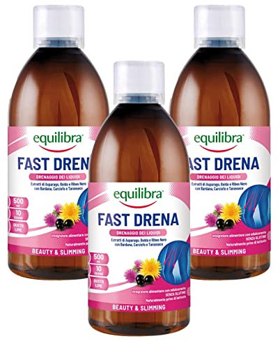 equilibra Integratori Alimentari, Fast Drena, a Base di Estratti Vegetali, Per Drenaggio dei Liquidi e Funzionalità di Vie Urinarie e Fegato, da Diluire, Gusto Lime, 3 Pezzi da 500 ml