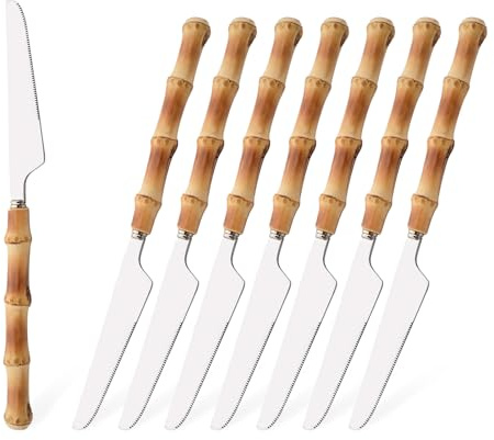 Uniturcky Dinner Knife Set with Bamboo Handle, 8-Piece Stainless Steel Shiny Silver Dinner Knives, Creative Design Table Knives for Home Restaurant, 8.74 inch, Handcrafted