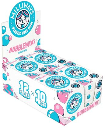 Milliways Bubblemint Chewing Gum, Plastic Free, Sugar Free, Aspartame Free, Natural | 12 Packs of 10 Pieces (120 Pieces Total) | Xylitol, Plant-Based, Biodegradable