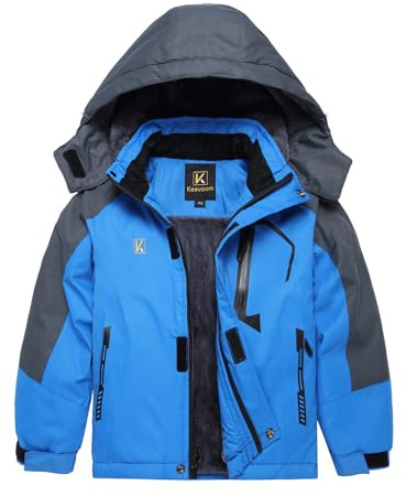 Keevoom Chaqueta de esquí impermeable para niños, abrigo de nieve grueso y cálido, forro polar resistente al viento, para niños, para exteriores, chaquetas de snowboard con capucha, Azul, 10-12