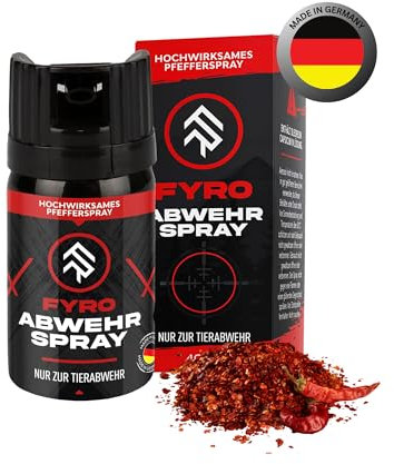 FYRO Pfefferspray zur Selbstverteidigung | KO Spray | Abwehrspray | Jet - Fog Sprühstrahl | 4 Meter Reichweite | Verteidigungsspray zur Tierabwehr | Hundeabwehr | 40 ml | klein
