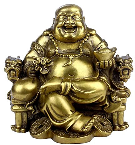 STCREE Chinesische Feng Shui Messing-Statue sitzender lachender Buddha-Statue, großer Bauch-Buddha, sitzend auf Kaiserdrachenstuhl mit Barren, Reichtum, Glücksfigur, Heimdekoration, 11 cm (H) TQGJST24