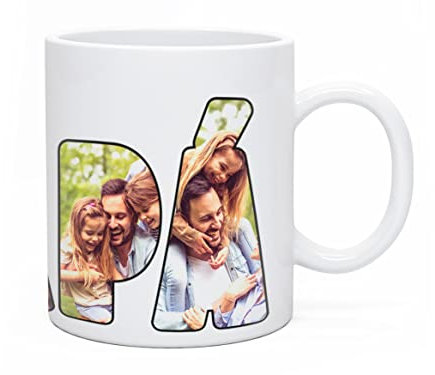 Made in Gift Taza Blanca de Cerámica con Asa 33cl Papá Personalizada con Diseño Collage de Letras con Fotos como Regalo Original para el Día del Padre Apta para Microondas y Lavavajillas