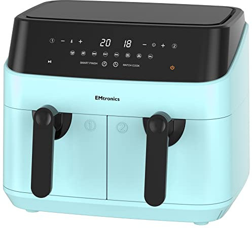 EMtronics EMAFDD9LAQ Dual Air Fryer Extra Large Family Size Double XL 9 Litre, 8 Adjustable Pre-Set Menus for Oil Free & Low Fat Healthy Cooking, Easy Clean Metal Interior, 99-Minute Timer - Aqua Blue