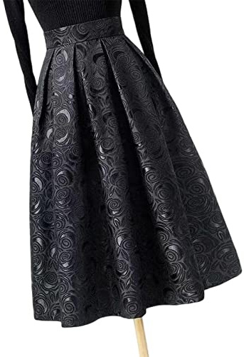 COTCLO Falda larga para mujer, falda de jacquard floral de primavera y verano, cintura alta, falda larga acampanada, color negro, talla S