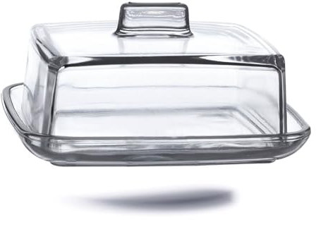 Kerafactum Caja de cristal clásica, mantequilla, con tapa, campana para mantequilla fresca y queso, transparente, rectangular, con asa