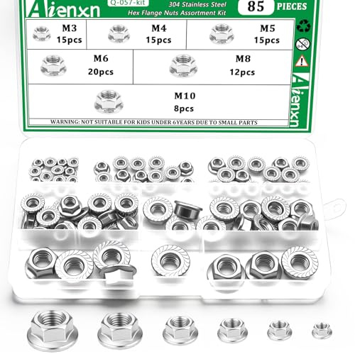 Aienxn 85PCS 6 Metric Sizes 304 Stainless Steel Hex Flange Nuts Assortment