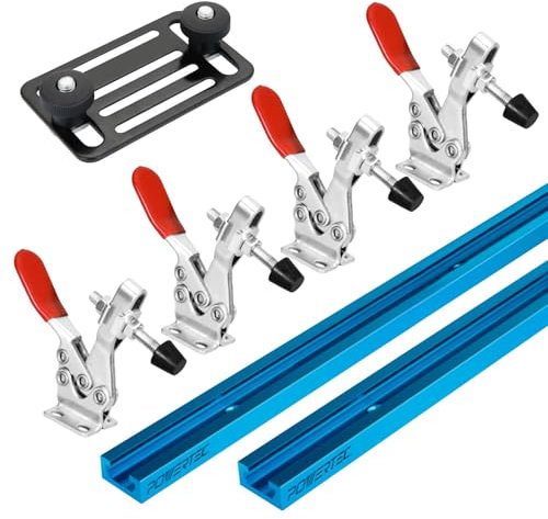 POWERTEC 72138 - Binario a T universale con profilo a doppio taglio da 36 pollici, 2 pezzi con piastra di montaggio con morsetto a levetta e 4 morsetti orizzontali, maschere e dispositivi per la