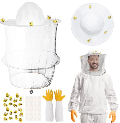 RGISHOP 62 Pcs Beekeeper Costume Set Bee Keeper Hat with Veil 20pcs Felt Bees Beekeeping Gloves 2 Sheets Double Sided Tape Bee Keeper Costumes Adult Halloween Costume