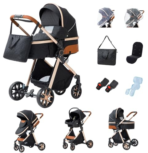 GLOKID Carrito bebé 3 Piezas, Carro, Carrito bebé 3 en 1, Silla Paseo, Sistema de viaje, Plegable, neumáticos de caucho, Con accesorios, Góndola, Adaptateurs, 25 kg (LV9 Negro)