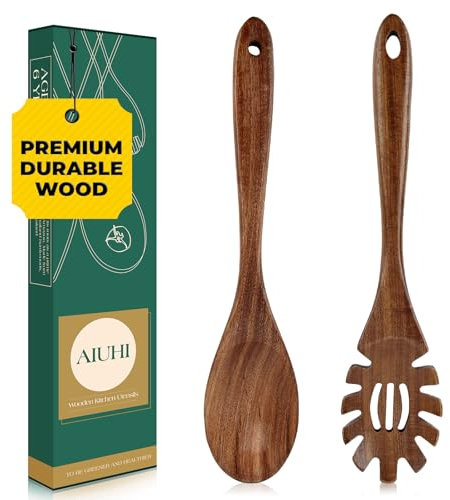 Lot de 2 cuillères à pâtes en bois de teck, cuillère à spaghetti en bois avec manche long, fourchette à spaghetti et cuillère