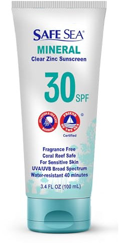 Safe Sea Zinc Oxide Sunscreen SPF30 | Clear Mineral Face And Body Sunscreen Without White Cast | Anti-Jellyfish Sting Protective Lotion | Travel Size - 100ml
