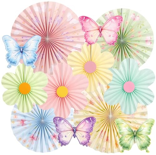 SUNBEAUTY 12 Stück Papier Fächer Dekoration Hanging Girlande Schmetterling Blumen Papierfächer Gartenparty deko Set für Hochzeit Geburtstag Tea Party Tischdeko Classroom Baby Shower Fasching Deko