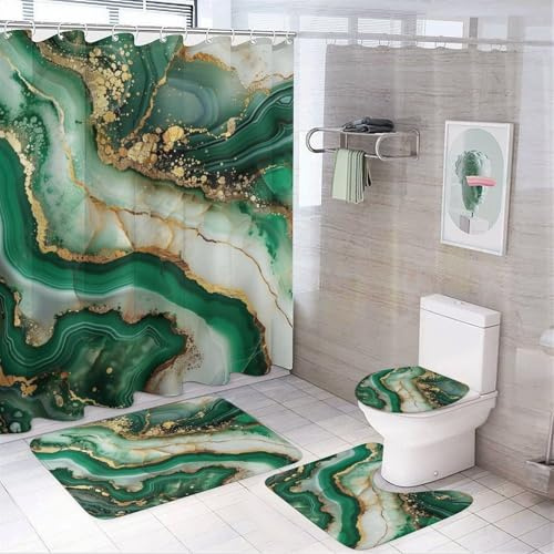 SOPIYRIO Marble Shower Curtain Sets with Toilet Lid Cover and Rugs, Green Agate Watercolor Bathroom Decor Set with Rug U Shape Mat, Waterproof Shower Curtain with 12 Hooks