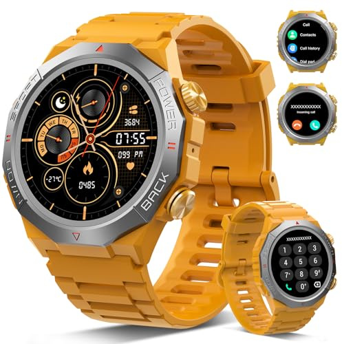 Militaire Montre Connectée Homme Femme avec Appel Bluetooth, 1.39 HD Smartwatch Motre Sport avec 110+ Modes Sportifs, Podometre Cardiofrequencemetre Sommeil, Etanche IP68 pour Android/iOS (Jaune)