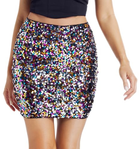 YYPBI Sequin Skirt Women Sparkly Mini Skirt Stretchy Bodycon Shiny Glitter Short Skirts for Party Club Night Out Multicolor, M