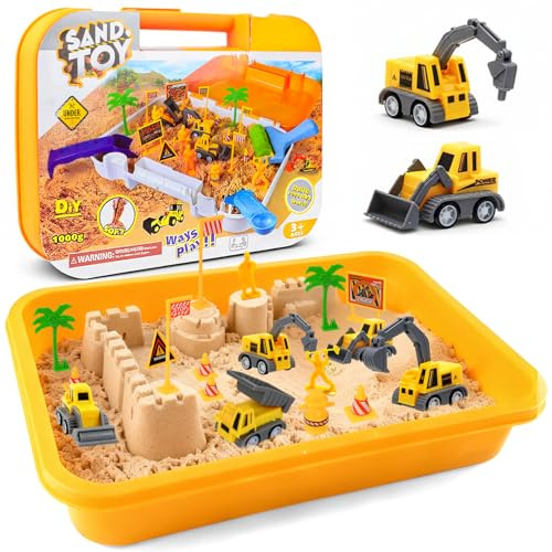 YURDELF Kit de Arena mágica para construcción de niños, Juguete de arenero con vehículos de construcción y señales de tráfico, Juguete sensorial de Regalo para niños y niñas de 3 a 8 años