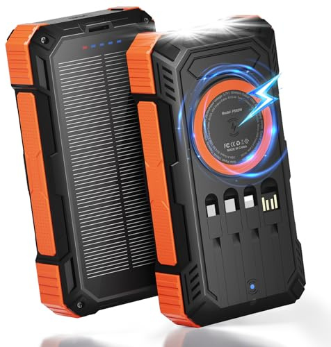 ERRBBIC Solar Charger Power Bank 49800mAh, 22.5W Portable Charger, 15W Wireless Charging, Solar Panel Charger, Built-in Four Cable, with USB C for Cell Phones, with Dual Flashlight for Camping