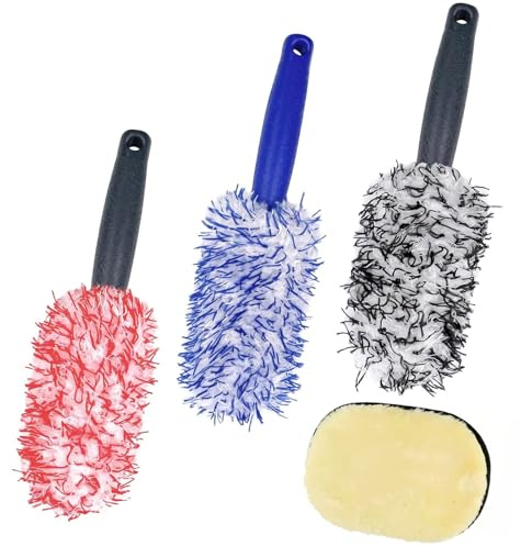 SGQTGIMU Set di 3 spazzole per cerchioni auto + 1 guanto per il lavaggio in microfibra, spazzola per cerchioni lunga con manico, spazzola per pneumatici per la pulizia dell'auto, spazzola