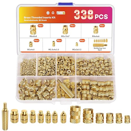 338 Pcs Threaded Inserts for Plastic, Threaded Heat Inserts Set, M2 M2.5 M3 M4 M5 M6 Threaded insert with Heat Set Insert Tips, Metric Brass Knurled Nuts for 3D Printing Components 3D Printer Parts