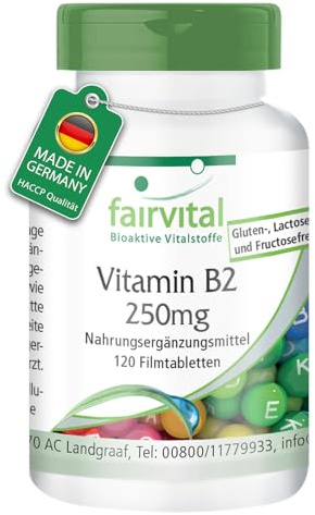 fairvital Vitamine B2 250mg, 120 comprimés, riboflavine, qualité certifiée et hautement dosée, 100% végétalienne, facile à avaler, fabriquée en Allemagne