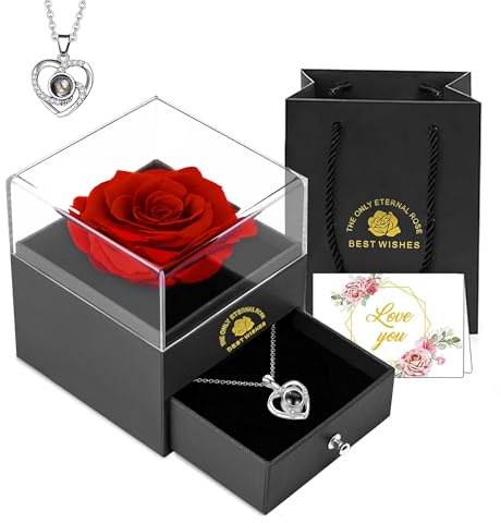 Wieerda Valentines Gifts for Her, Preserved Eternal Rose Birthday Gifts for Women, Artificial Rose Gifts with Love You Necklace for Mum Her for Birthday, Anniversary, Valentines Day, Xmas