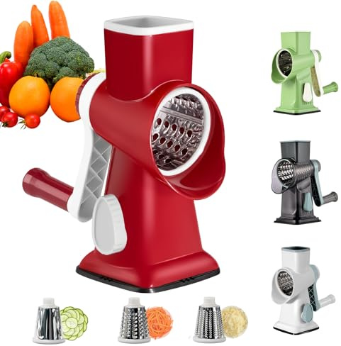 Mandolina de Cocina Cortador De Verduras, Rallador Verduras, Rallador Cebolla, Artefacto de Picar Cocina con 3 Acero Inoxidable Cuchillas de Tambor para Queso, Frutas y verduras (Rojo)