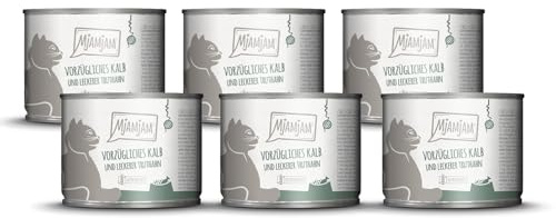 MjAMjAM - cibo umido premium per gatti - ottimo vitello e tacchino con deliziose carote, confezione da 6 (6 x 200 g), senza cereali con carne extra
