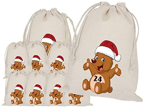 Adventskalender zum Befüllen, Teddy, Teddybär, 24 Stoffbeutel ca. 15x20cm Groß, Bedruckt, Weihnachten Geschenksäckchen, DIY Adventskalender Säckchen, Selber Befüllen, Weihnachtskalender