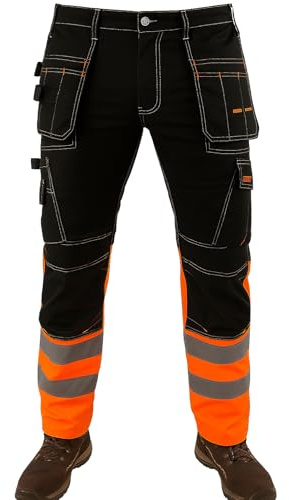 WrightFits Flash Pro Hi Vis Work Trousers for Men – Combat Hi Vis Workwear with Knee Pad Pockets – Triple Stitched Work Trousers Men (34W X 33L) Orange