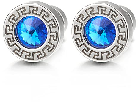 Orecchini da Uomo Donna, Acciaio Inossidabile Orecchini con Motivo Chiave Greco e 5MM Blu Zirconi, Riavvitare, 2 pezzi