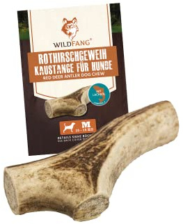 Wildfang® Rött hjorthorn med laxolja för hundar I naturliga hundar tuggben – hundar tandvård – tuggmuskel träning – hundleksak I hållbar tuggstav av hjorthorn avkastningsstänger – M